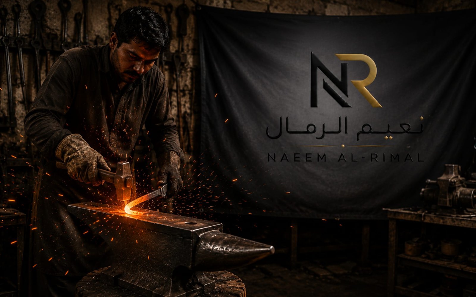 حداد يعمل على السندان في ورشة نعيم الرمال